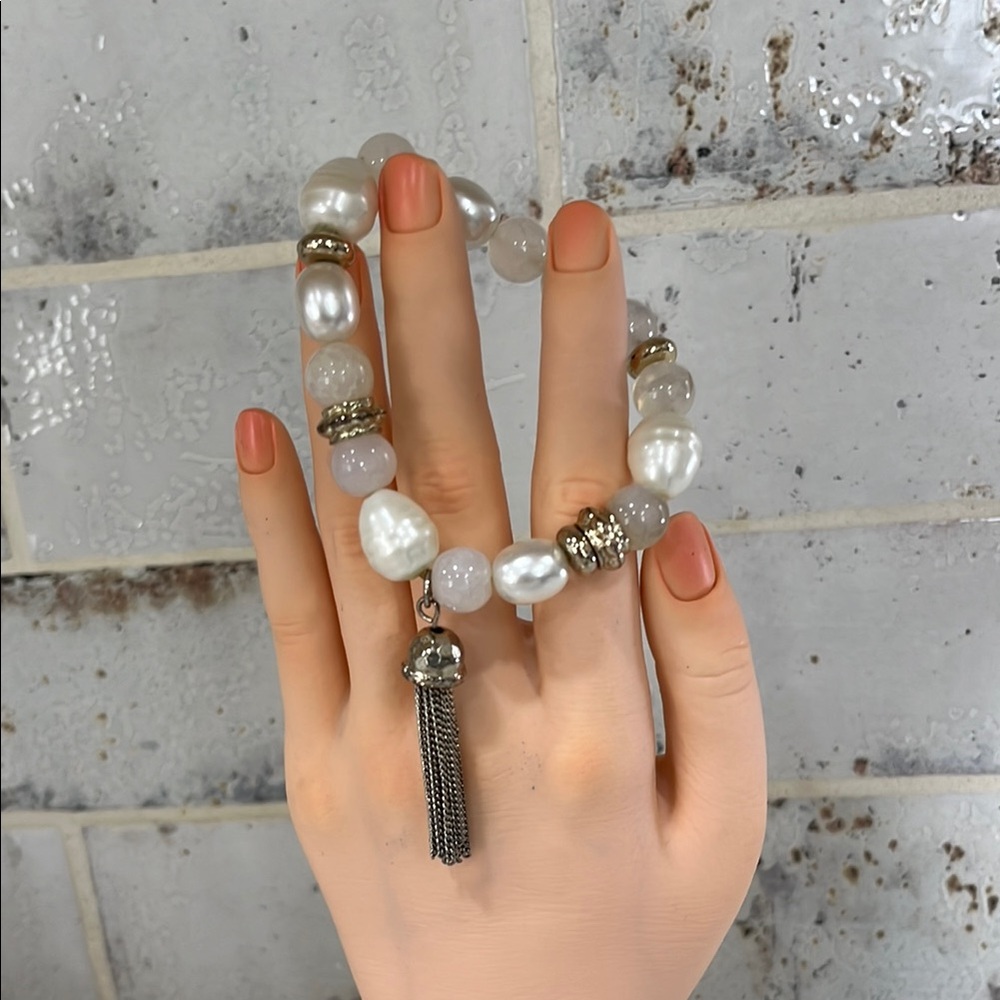 Bohemian White and Silver Beaded Bracelet with Tassel